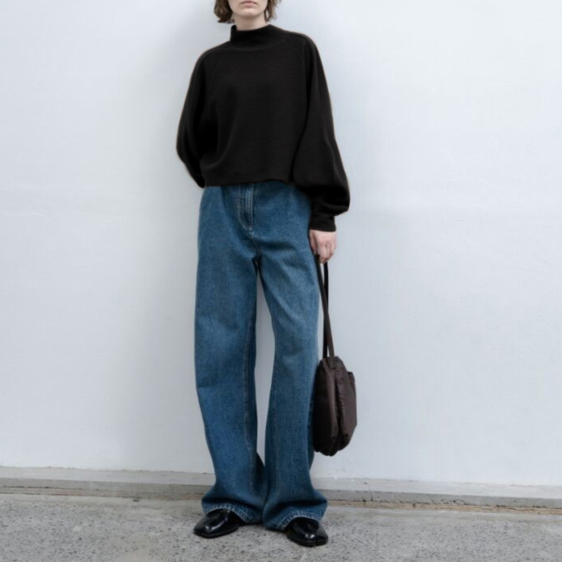 Diseño de alto grado de nicho medio cuello alto suelta corta pierna de cordero suéter de manga textura de las mujeres estilo de Chanel pullover top