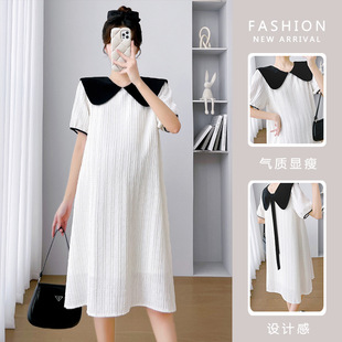 In Stock, Real Shot of New Korean Style Loose Doll Collar Color-Blocked Lapel Maternity Dress