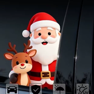 Новогодняя наклейка с Дедом Морозом и оленем на авто