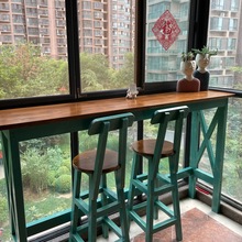 实木吧台阳台茶桌靠窗长条桌复古桌椅圆凳组合靠墙高脚桌餐桌吧台