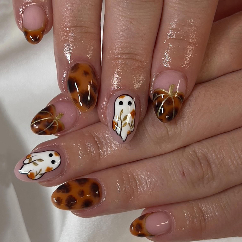 European and American Style Halloween Series Leopard Print Ghost Nail Stickers Cartoon Pumpkin Fake Nail Tips