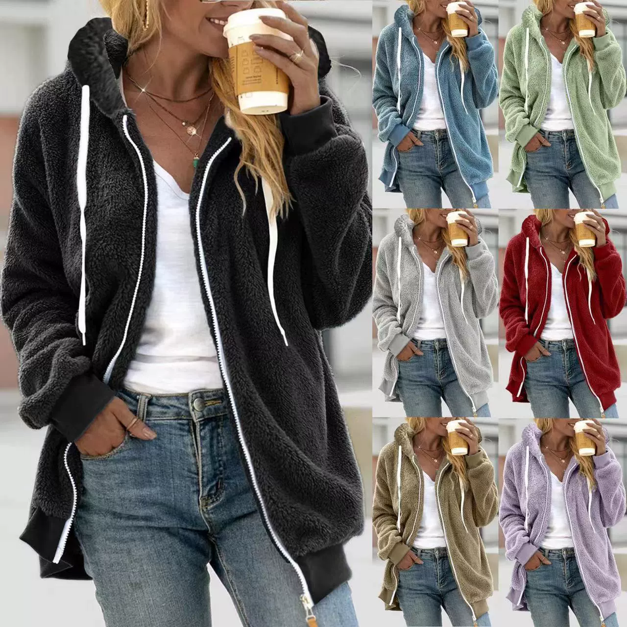 Независимая станция внешней торговли 2023 Горячая осень и зима Свободное утолщенное плюшевое однотонное пальто с капюшоном на молнии Многоцветное в наличии