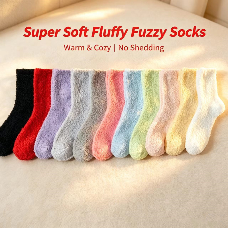 Women's Slippers Socks Fluffy Solid Color Candy Color Coral Fleece Socks Plush Socks Home Sleeping Socks Crew