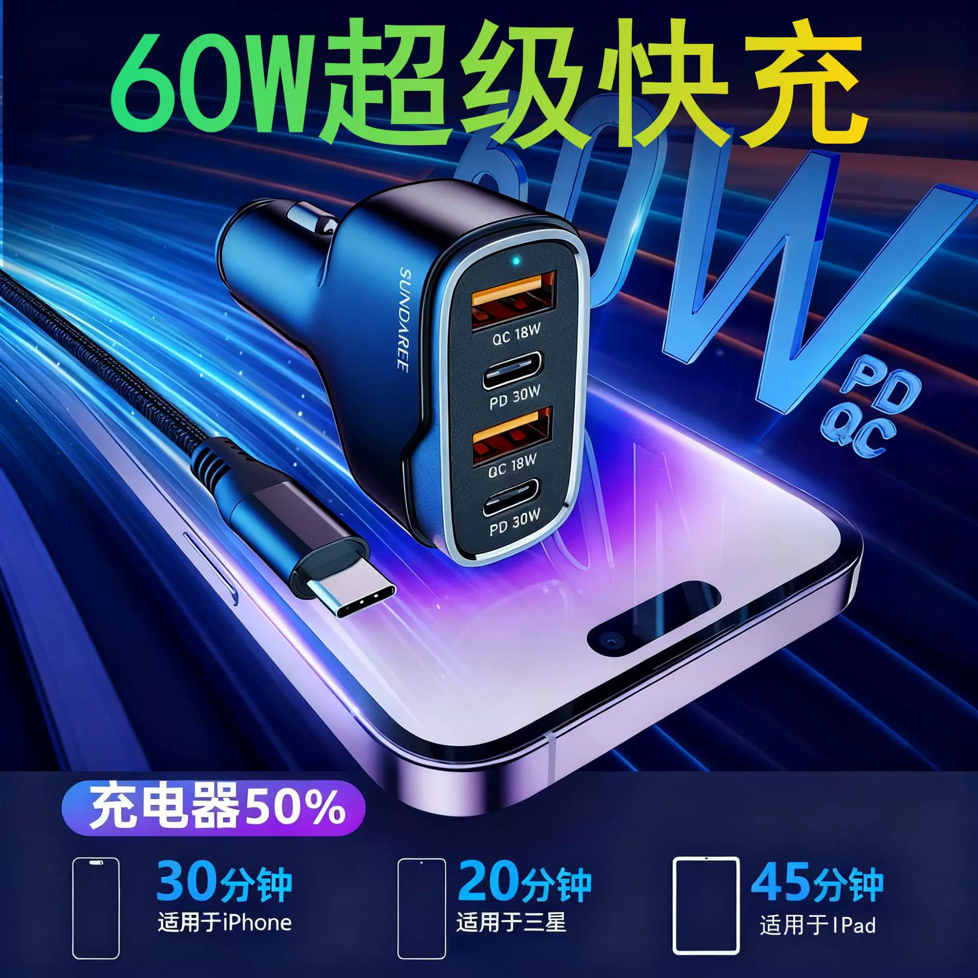 新款亚马逊60W汽车车载充电器苹果手机超级快充一拖四USB厂家直销