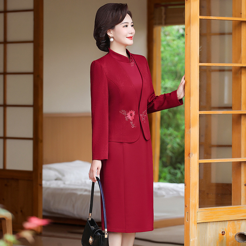喜婆婆の結婚式披露宴用春秋ワンピースドレスセット、新作中年ママ向け秋ファッションワンピースツーピースセット|undefined