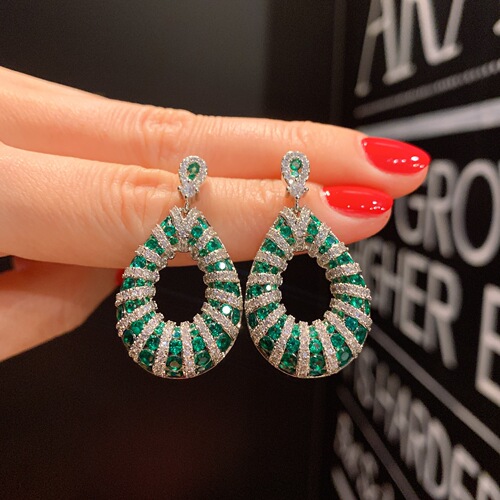 Vivian Jewels Women's Earrings Rhinestones Version European and American Stud Earrings with Fake Emerald Pendant Earring Set