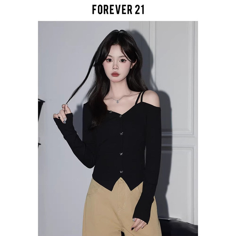 Forever 21 Pure Desire Black Off-Shoulder Waist-Cinching Long Sleeve T-Shirt for Women, Autumn Design Asymmetrical Top with V-Neck Forever 21 Pure Desire Black Off-Shoulder Waist-Cinching Long Sleeve T-Shirt for Women, Autumn Design Asymmetrical Top with V-Neck