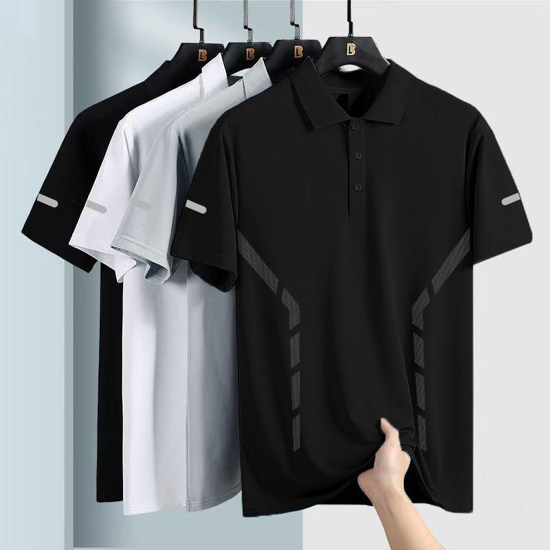 Polo de seda de hielo de verano para hombre, solapa, manga corta, cuello de polo de color sólido de negocios, manga corta, cómoda, versátil, transpirable