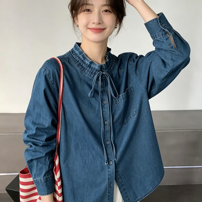 Korean-style retro lace collar tie-up denim shirt for women, 2026 spring new model, unique design long-sleeve top Korean-style retro lace collar tie-up denim shirt for women, 2026 spring new model, unique design long-sleeve top