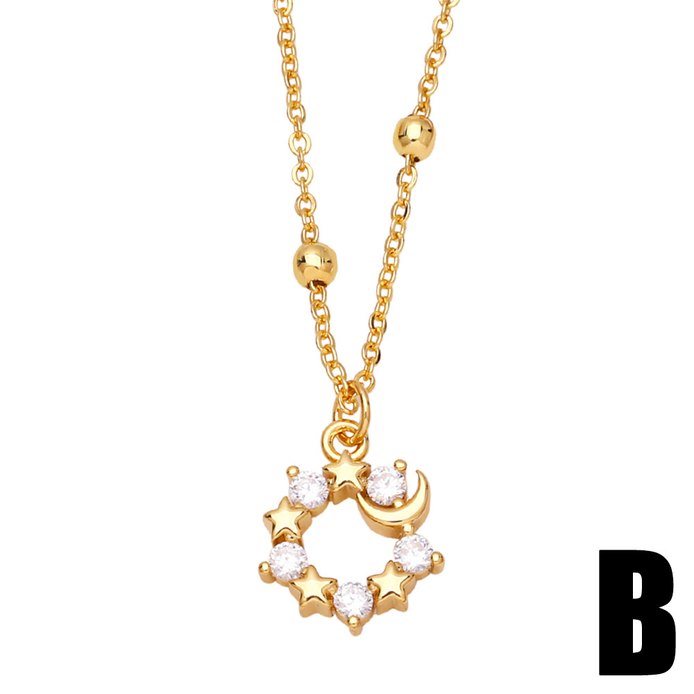 simple moon star bear double pendant copper gold-plated inlaid zircon necklace