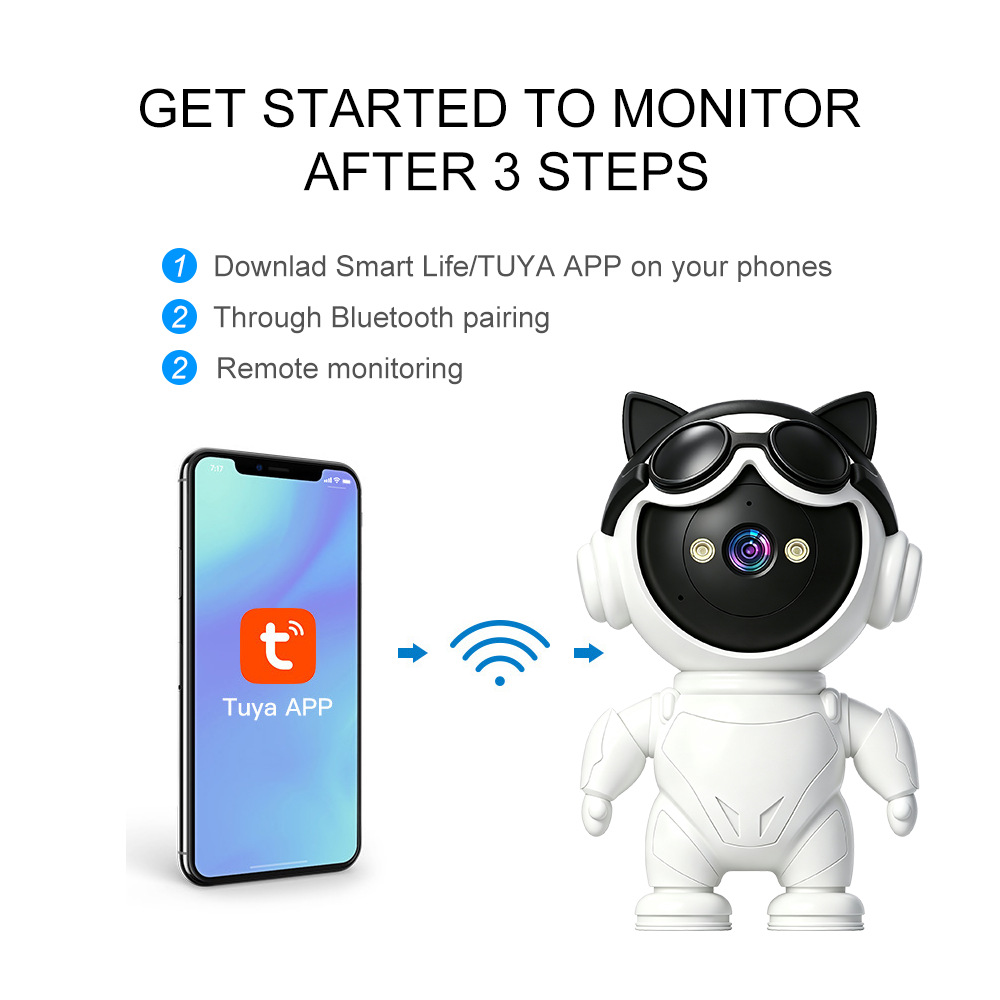 Tuya WiFi Ağ Çizgi Film Robot Güvenlik İzleme Akıllı Telefon Uzaktan Kumanda Yüksek Çözünürlük Gece Görüşü 5G Kamera