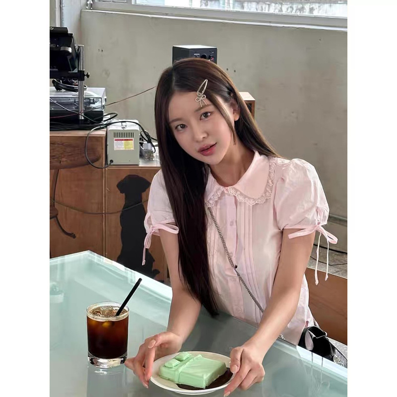 2025 New Summer Korean Designer Cra*K Preppy Style Lace Short-Sleeved Shirt for Women