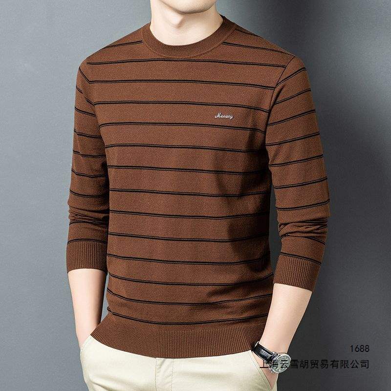 Men's Spring and Autumn Round Neck Thin Sweater, Striped Men's Thin Knit Pullover, Men's Base Layer Sweater, Beige Men's Spring and Autumn Round Neck Thin Sweater, Striped Men's Thin Knit Pullover, Men's Base Layer Sweater, Beige