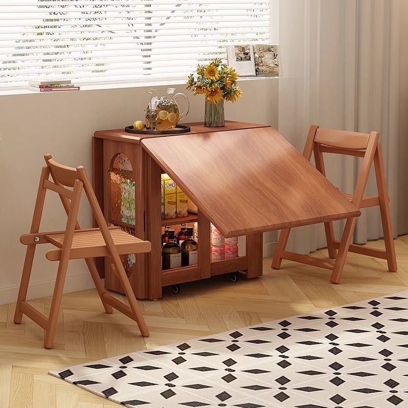 Antique Style Solid Wood Folding Dining Table Small Apartment Household Retro Movable Retractable Square Dining Table and Chair suit