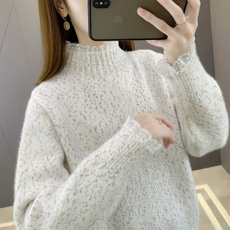 2023 осенне-зимний бархат из искусственной норки Новый половинчатый водолазка ленивый стиль синель свитер внутри толстый свободный