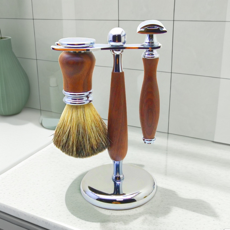 Custom Solid Wood Men's Care Razor Set Beard Brush Manual Razor Vintage Head Soap Shaving Brush