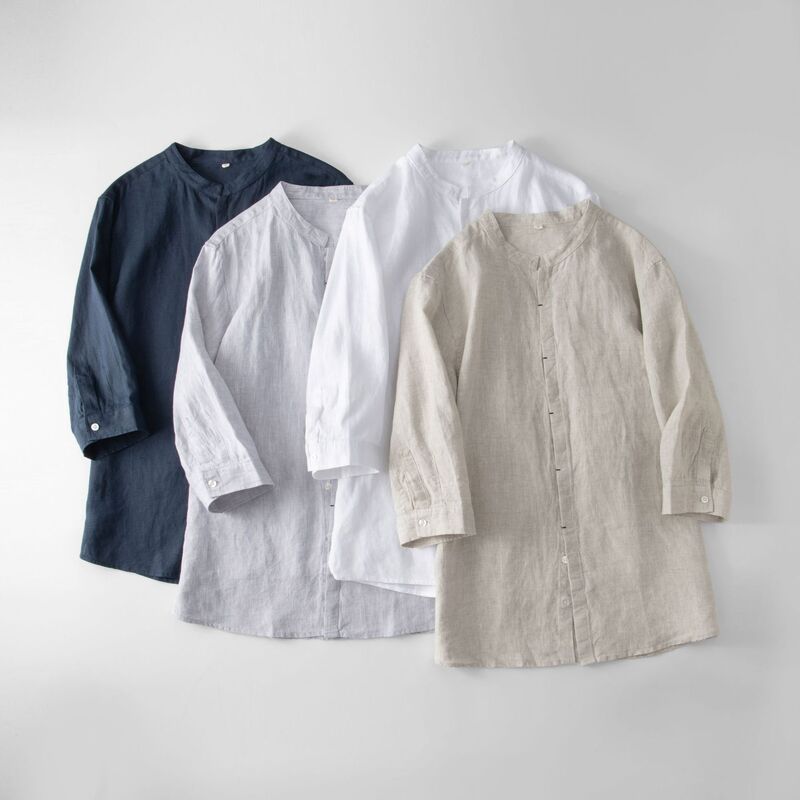 Summer Stand-Up Collar Pure Color Linen Three-Quarter Sleeve Shirt Men's Loose Mid-Sleeve Thin Casual Cotton and Linen Shirt 138