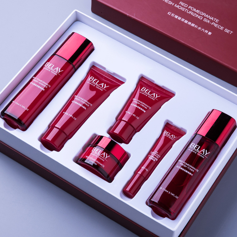 Bilin Red Pomegranate Six Piece Skin Care Set Moisturizing and Brightening Facial Cleansing Milk and Water Emulsion Skin Care Set Box Replacement