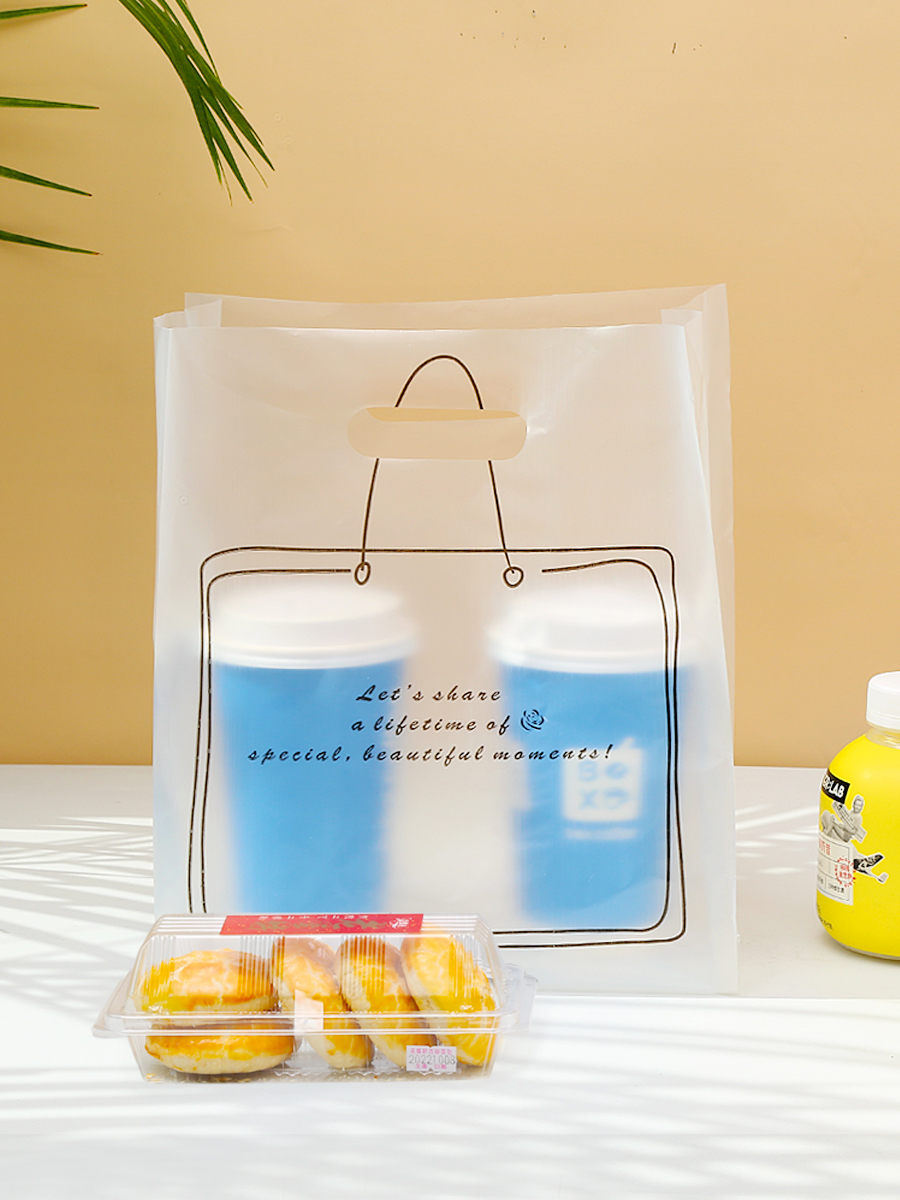Bagos de postres horneados grandes y medianos, ensalada, pan, comida y bebida para llevar, embalaje de plástico, bolsas de goma de mano