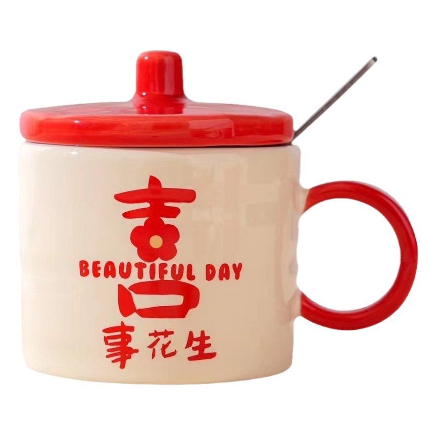Boda creativa taza de boda pareja taza de agua regalo cerámica con tapa cuchara taza de café taza de boda de alto aspecto