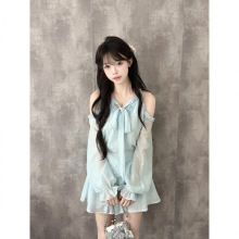法式气质小清新露肩长袖衬衫短裤两件套女2025夏季新款个性套装潮