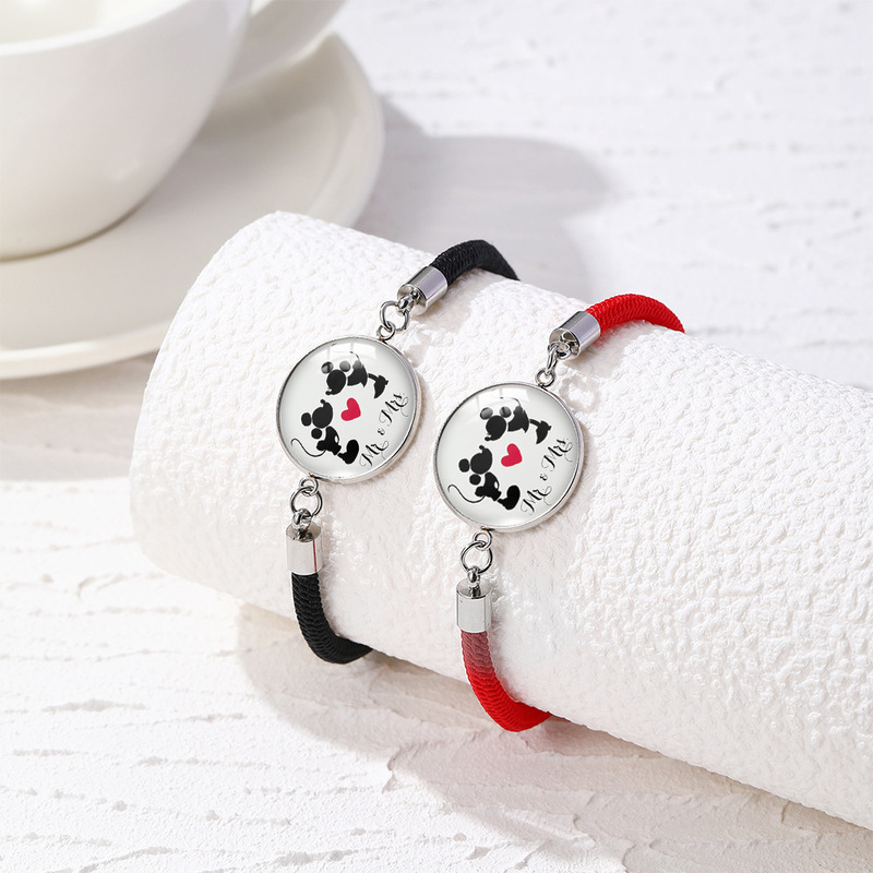 Cross Border 2024 Mickey Minnie Pattern Stainless Steel Time Gem Glass Hand Rope Mickey Mouse Couple Bracelet suit