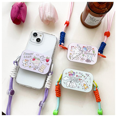 紫色小貓翻蓋鏡面手機背夾斜挎掛繩透明方形補妝鏡支架手機通用款