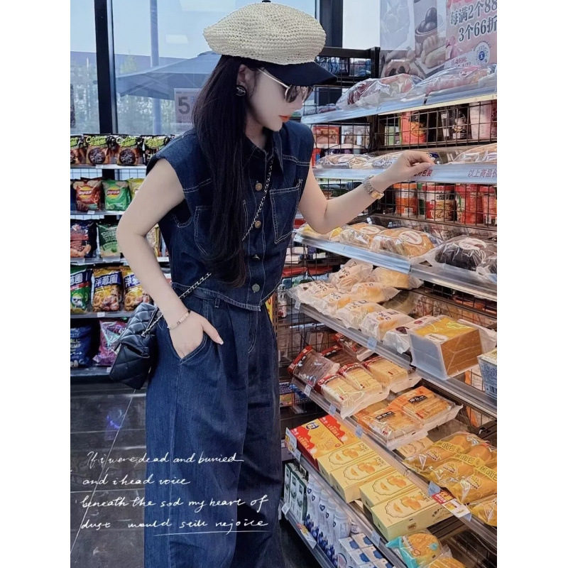 韓国風カジュアルファッションデニムスーツレディース夏新スタイルレトロノースリーブシャツストレートワイドレッグパンツ2点セット|undefined