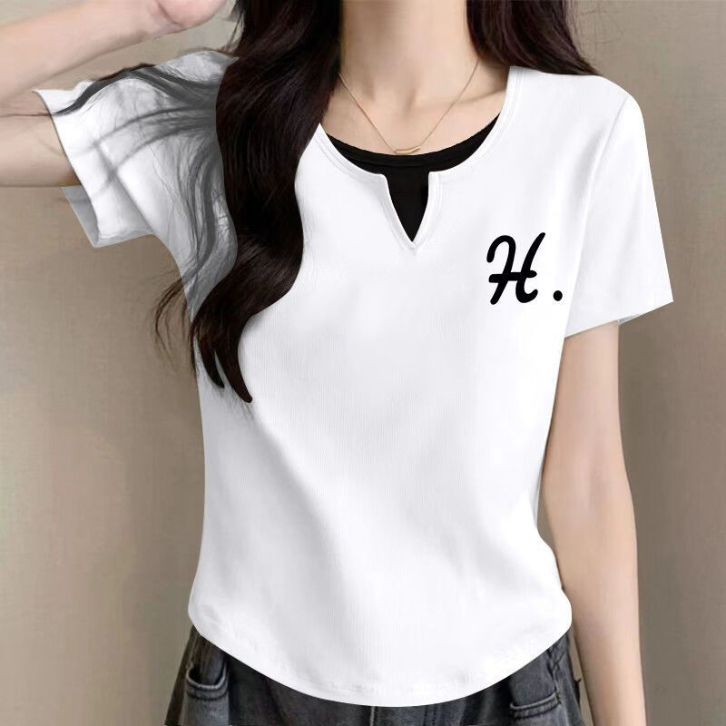 純綿半袖tシャツ女性2025夏の新型デザイン感裾のアーチ型偽の2つのユニークなつなぎ合わせ上着の潮|undefined