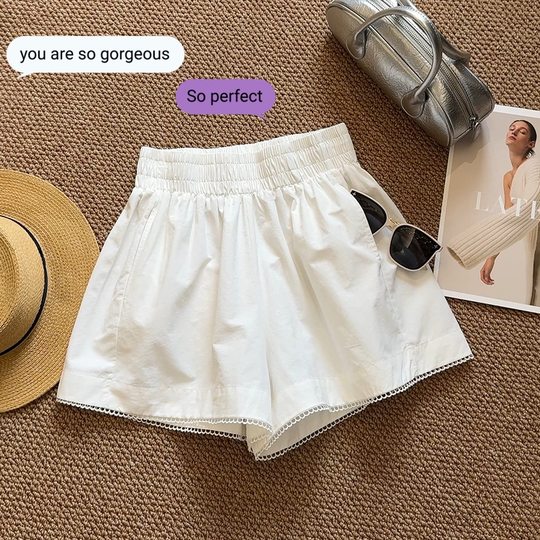 White elastic waist lace shorts women's 2025 summer new high waist slim wide leg pants Korean casual culottes