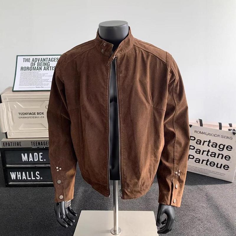 情侣装麂皮绒皮立领夹克外套男秋季潮牌痞帅街头感休闲飞行服上衣|undefined