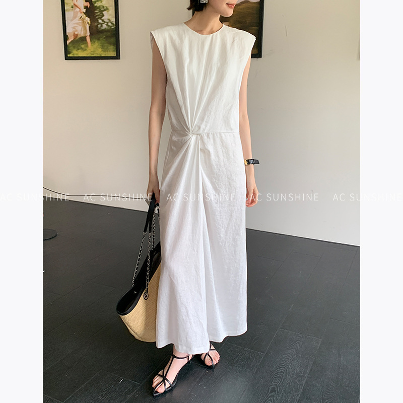 Ac Sunshine Pure Linen Sleeveless Twist-Draped Simple Workwear Mid-Length Skirt Summer Dress for Women H8522