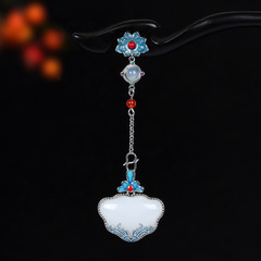 新款國風旗袍壓襟扣吊墜兩用款鍍銀燒藍如意鎖蘭花新中式掛件胸針