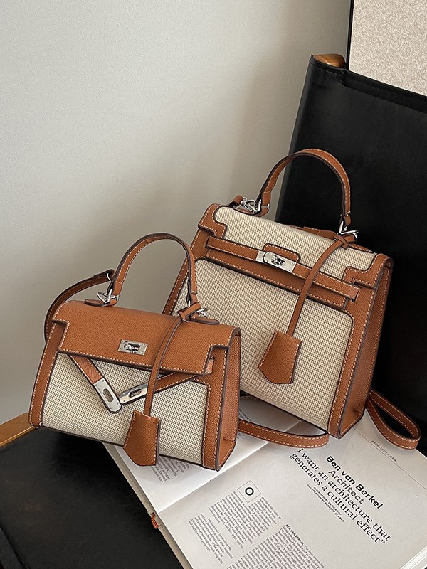 Bolso Kelly retro de alta gama para mujer, nuevo estilo transfronterizo de gran venta, patchwork de lino, colores contrastantes, bolso de hombro y bandolera.