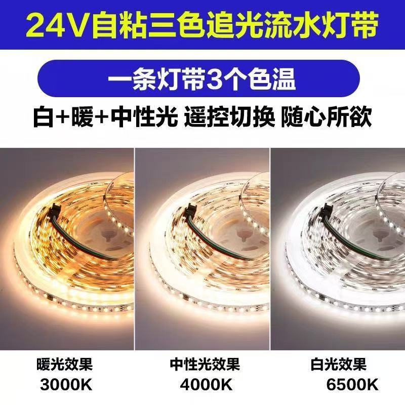 双色温led灯带24V低压三色智能变光流水灯条跑马无极调光护眼