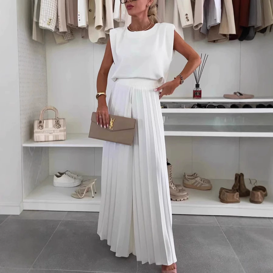 Женский костюм для внешней торговли 2025 года, топ без рукавов с круглым вырезом, плиссированные широкие брюки, двухкомпонентный повседневный костюм