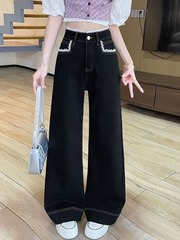 蕾丝阔腿牛仔裤女2025年春秋新款时尚辣妹黑色设计感宽松直筒裤子