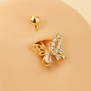 European and American Butterfly Inlaid Zircon Cut Out Navel Ring Cross-Border Piercing Bow Jewelry Stainless Steel Butterfly Navel Nail