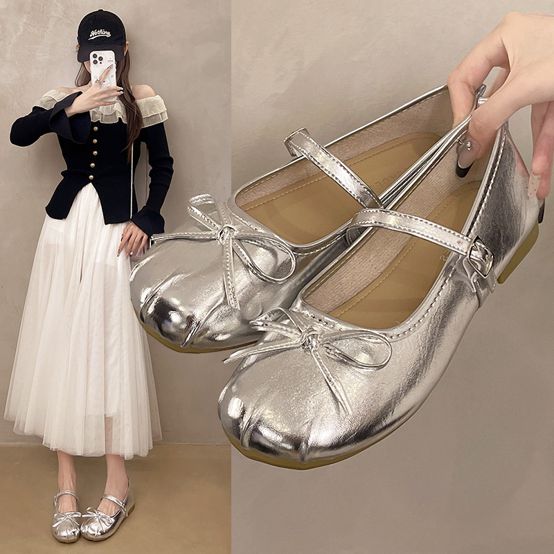 French Silver Flats Ballet Shoes for Women 2025 New Elegant Bow Fairy Style One-Strap Mary Jane Shoes