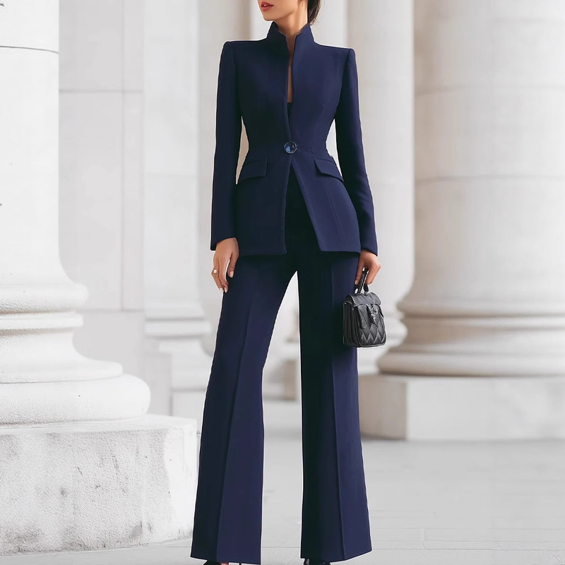 2025 European and American Women's Clothing Independent Long-Sleeve Solid Color Pocket Single-Button Blazer + Long Blazer Pants Two-Piece Set
