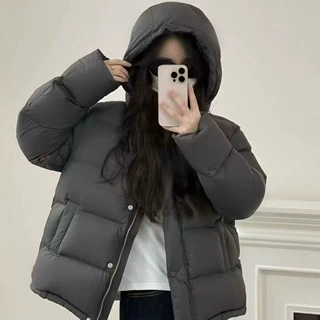 2026冬季新款小个子连帽加厚白鸭绒面包服灰色短款泡芙羽绒服女