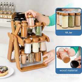 跨境木质创意调料架厨房摩天轮造型桌面可旋转香料调味罐收纳架