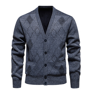 Cross-Border Popular Men's V Neck Large Size Loose Cardigan Sweater Men's Autumn and Winter New Velvet Thickeneded Sweater
