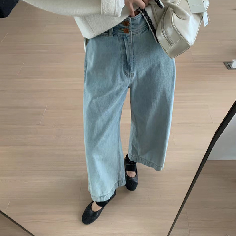 [in Stock] 2026 Spring New Korean Dongdaemun Casual Straight High-Waisted Wide-Leg Denim Pants for Women