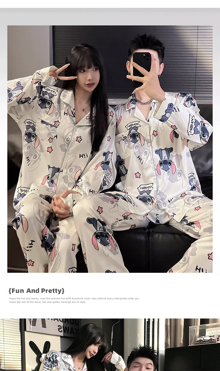 法米姿 情侣睡衣春秋冰丝长袖女薄款高级感款可爱男士夏季家
