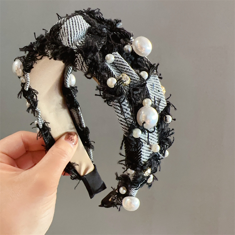 Lady Lattice Denim Inlay Artificial Pearls Hair Band display picture 5