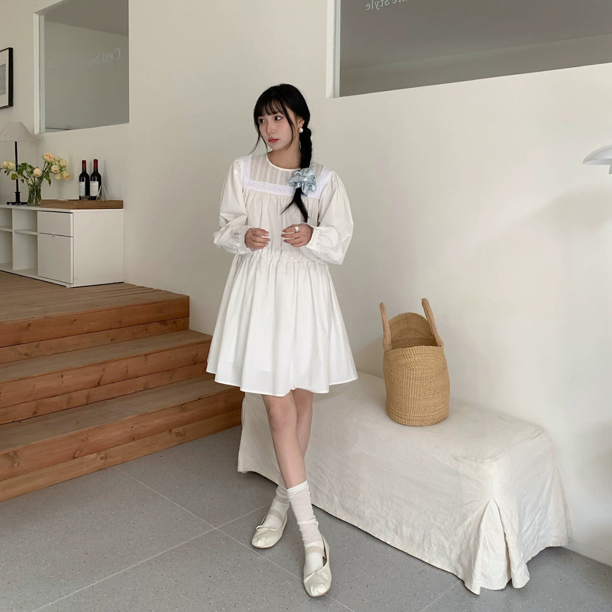 Yienou inbyin кружева шить белое платье Весна женщин небольшой Пышный рукав талии-обтягивающий французский платье