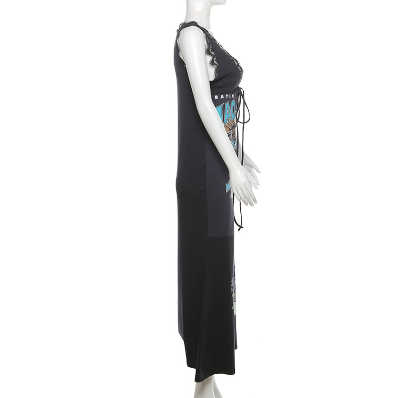 Summer Women Clothing Street Girls Printed V neck Lace up Cutout Loose Dress Women