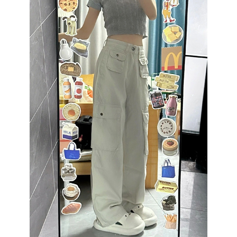 American Retro Hip-Hop Straight White Work Pants for Women High-Waisted Slimming with Multiple Pockets Sports Casual Pants