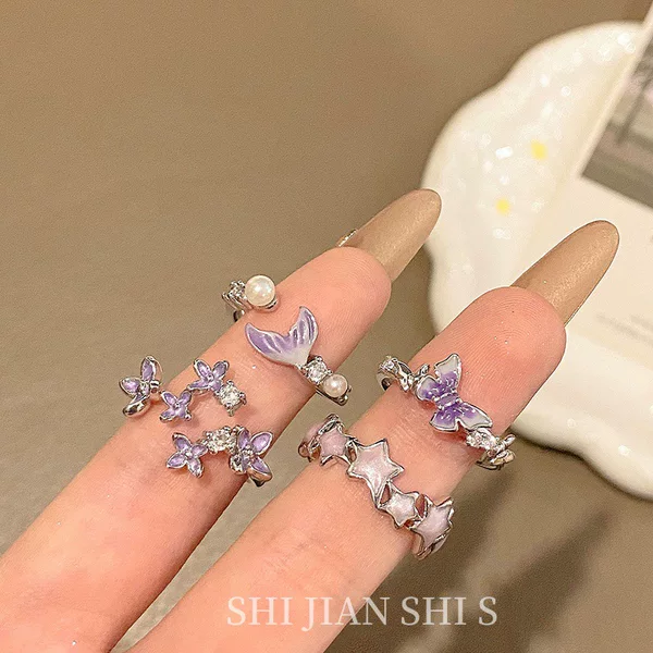 Simple Japanese Style Taro and Purple Fishtail Open Ring for Women Niche All-match Design Sweet Cool Enamel Flower Finger Ring